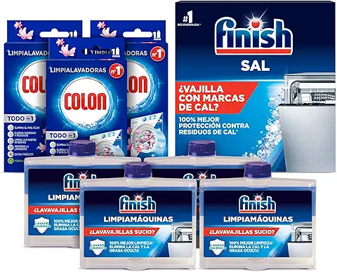 Finish Sal Lavavajillas 2kg + 3 Colon Limpialavadoras + 4 Finish Limpiamáquinas Lavavajillas, pack Aditivos Lavaplatos y Lavadora  