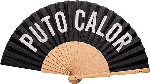 FISURA – Abanico p*to Calor. Abanico Original con Mensaje en Español o Inglés. Abanico de Madera Moderno y Colorido. 42,5 x 23 cm. Madera y Textil.     
