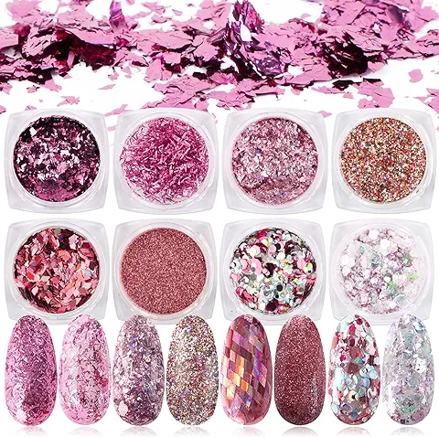 FLOFIA 8 Cajas Lentejuelas Holograficas Glitter Uñas Decoración, Confeti Uñas Flakes, Brillos de Uñas con Purpurinas, Purpurina Polvo, Nail Sequins Púrpura Calcomanía DIY Manicura, 8 Estilos  