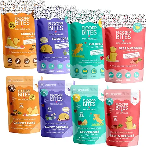 FlooppBITES Chuches para Perros - Galletas y Soft Snacks Perro 100% Naturales - Premios y Golosinas - Alimento Complementario Perros - Pack 4 Sabores - 8 Unidades (Total 600gr.)  