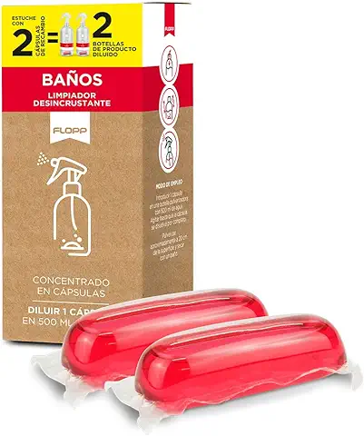 FLOPP – Baños Desincrustante Concentrado 2 Cápsulas con Estuche Cartón 100% Reciclado y Reciclable - Formato Refill - Reutiliza tu Botella Pulverizadora  