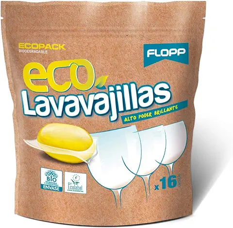 Flopp - Lavavajillas Ecológico, | Cápsulas Lavavajillas Eco Brillo Envase Biodegradable | Lavavajillas Eco Flopp: Limpia sin Ensuciar el Planeta (16 Capsulas)  