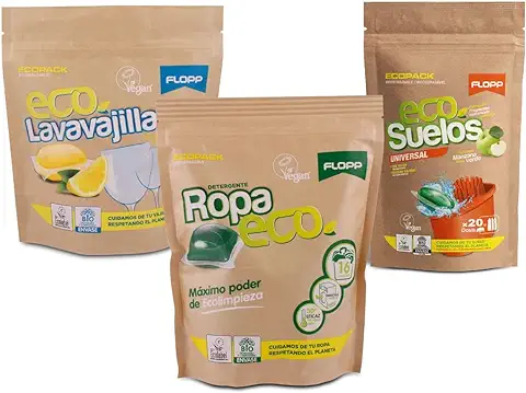 Flopp - Pack Limpieza Ecológica en Cápsulas Hidrosolubles | Detergente Eco, Lavavajillas Eco, Friega Suelos Eco. Tu Pack de Iniciación a Flopp: Limpia sin Ensuciar el Planeta.  