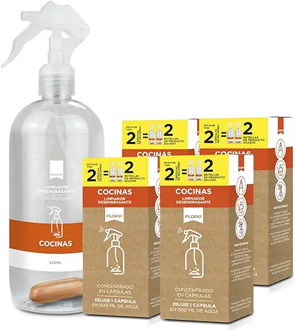 FLOPP – Spray Limpiador Cocinas Desengrasante Concentrado en Cápsulas | Pack 1 Botella 500 ml con 50% Pet-PCR Reciclado Reutilizable con una Cápsula + 4 Recargas (9 Cápsulas en Total) | Fórmula Vegana  