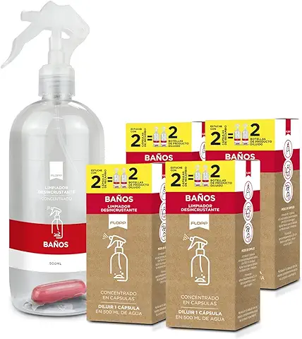 FLOPP – Spray Limpiador de Baños Desincrustante Concentrado en Cápsulas | Pack 1 Botella 500 ml con 50% Pet-PCR Reciclado Reutilizable con Cápsula + 4 Recargas (9 Cápsulas en Total) | Fórmula Vegana  