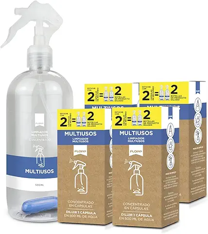 FLOPP – Spray Limpiador Multiusos Concentrado en Cápsulas | Pack 1 Botella 500 ml con 50% Pet-PCR Reciclado Reutilizable con una Cápsula + 4 Recargas (9 Cápsulas en Total) | Fórmula Vegana  