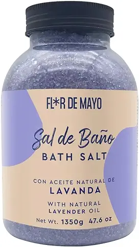 Flor de Mayo - Sal de Baño Mineral Aromática - Con Aceite Esencial de Lavanda Natural - Sal Relajante Ideal para Spa, Belleza, Pedicura, Jacuzzi, Bañera - Bote 1350 g  