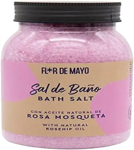 Flor de Mayo, Sal de Baño Mineral Aromática Rosa Mosqueta, Spa Belleza Relajante para Pedicura, Jacuzzi, Bañera. Bote 650g.  