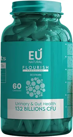 Flourish Probioticos y Prebioticos Intestinales EU Natural, Probioticos Mujer I Ovulos Vaginales, Digestive, Infecciones Urinarias Mujer I Probioticos Naturales I132 Billons CFU 30 Cepas, 60 Cápsulas  