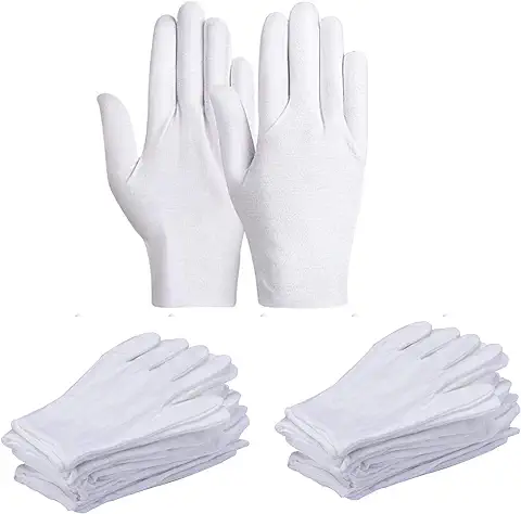 FLZONE Guantes de Algodón Blanco,12 Pares Guantes Hidratantes de Algodon,Cómodo y Ttranspirable Guantes de Algodon para el Cuidado de la Piel, Joyas, Buscar, Guantes de Inspección de Monedas.  