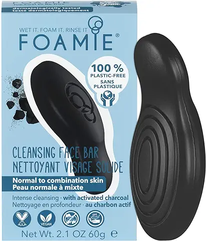 Foamie Limpiador Facial para piel Grasa Sólido con Carbón Activado y Aceite de árbol de té - Limpiador de Poros Solido 100% Vegano y sin Plástico 60g  
