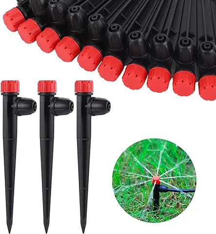 Foco de Riego por Goteo Ajustable de 360 Grados a 5 Pulgadas con Estaca para Mangueras de Riego por Goteo de 1/4 Pulgadas, Gotero de Riego para Sistema de Riego de Jardín (50 Unidades Red Drip)  