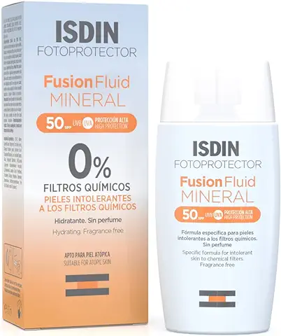 Fotoprotector Isdin Fusion Fluid MINERAL SPF 50 - Protector Solar Facial 100% Mineral para las Pieles Intolerantes, 50 ml  