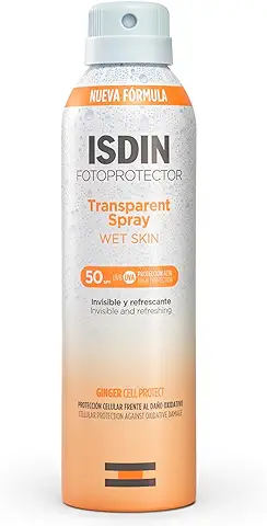 Fotoprotector ISDIN Transparent Wet Skin SPF 50 - Protector Solar Corporal, Spray Transparente, Eficaz Sobre piel Mojada, Ginger Cell Protect, 250 ml  
