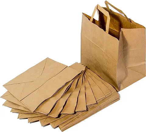 FRESH HOME HOME TEXTILES Pack 50 Bolsas de Papel Kraft con Asa Plana muy Resistentes para la Compra, Regalos, Comuniones de 26x17x29cm.  
