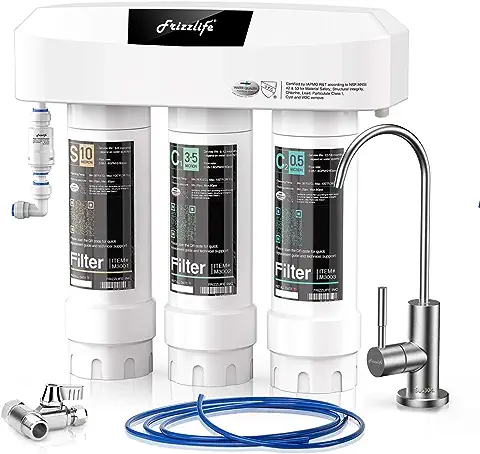 Frizzlife SP99-NEW Sistema de Filtro de agua para Debajo del Fregadero, Certificado de 3 Etapas de 0,5 Micras, Elimina el 99,99% de Plomo, Cloro, Cloramina, Fluoruro y Olores con un Delicado Grifo  