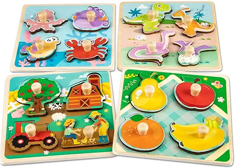 Funsland Puzzle Madera Niños, 4Pcs Puzzles Infantiles de Madera con Mango, Juguetes Montessori Puzzles Animal Frutas Juguetes Bebes Educativos,Tipo Ecológico Rompecabezas Madera Niños 1 2 3 Años  