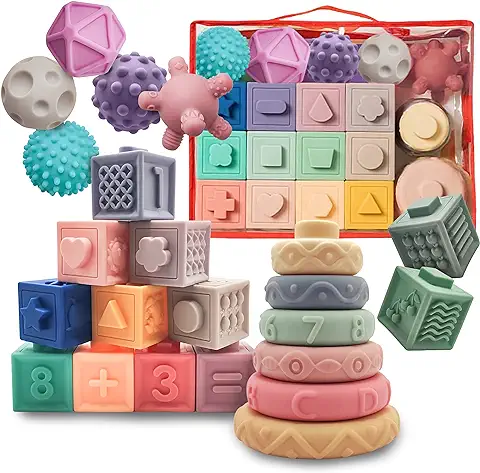 Funzie Juguetes Montessori 1 Años 23 Piezas, Juguetes Bebes 6-12 Meses, Pelotas Sensoriales Bebe, Bloques Construcción, Anillos Apilables, Mordedor Bebe, Juegos Educativos Niños 2 Años, Regalo Bebe  