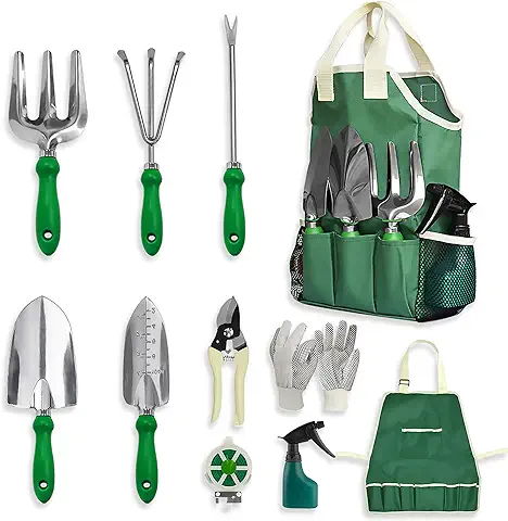 GardenHOME 11 Piezas Garden Tools Set-Kit de Jardinería Resistente Bolsa y Delantal, Regalos de Jardín para Mujeres y Hombres, Verde  