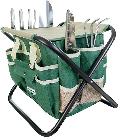 GardenHOME Herramientas De Jardíneria, Juego De Herramientas De Jardin Kit De Acero Inoxidable De 7 Piezas, Taburete Plegable Resistente, Bolsa De Lona Desmontable, Organizador De Kit De Herramientas De Jardinería  