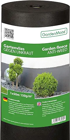 GardenMate Rollo de Malla Geotextil Prémium de 1 m x 50 m y 150 G/m² – Geotextil Extrarresistente para Malas Hierbas – Alta Estabilización Contra UV – Permeable al Agua – 1 m x 50 m = 50 m²  