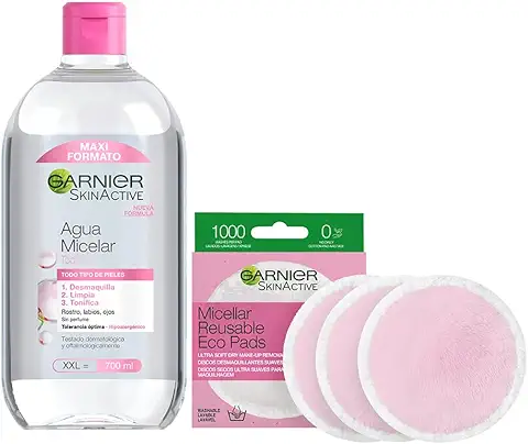 GARNIER Agua Micelar Desmaquillante y Limpiador Facial con Discos Desmaquillantes Reutilizables - 700 ml  