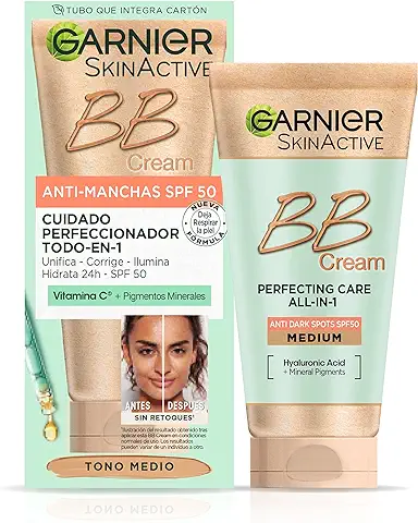 GARNIER BB Cream Anti-Manchas FPS 50 Hidratante Todo en uno con Color tono Medio. Glicerina Vegetal + Vitamina E, Unifica, Protege e Hidrata - 50 ml  