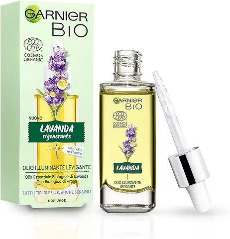 Garnier Bio, Aceite Facial Iluminador Suavizante, Aceite Esencial de Lavanda Orgánico y Aceite de Argán Orgánico, apto para todo tipo de Pieles, Incluso Sensibles, 30 ml  