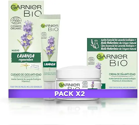 GARNIER Bio, Kit Antiedad Crema Regeneradora con Aceite Esencial Lavanda y Vitamina E + Sérum Facial Reafirmante con Lavanda, Suaviza, Reafirma y Regenera la Piel, 50 ml + 15 ml  