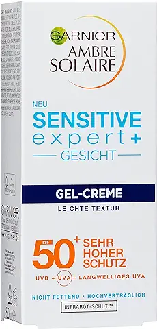 Garnier Crema de gel SPF 50+ con Protección Solar para Pieles Brillantes, Sensibles y Tolerantes al sol, Ambre Solaire Sensitive Expert+, 1 x 50 ml  