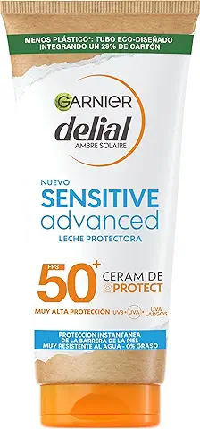 Garnier Delial Sensitive Advanced, Leche Solar para Pieles Claras, Sensibles e Intolerantes al Sol, IP50 Plus, 175 ml  