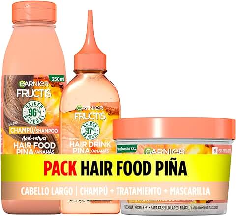 Garnier Fructis Pack Champú + Tratamiento Hair Drink + Mascarilla para Pelo Largo y Frágil, con Piña Anti-Rotura, Limpia, Desenreda y Nutre, Set de 3 Productos  