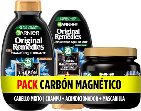 Garnier Original Remedies Pack Champú + Acondicionador + Mascarilla para Raíces Grasas y Puntas Secas, con Carbón Magnético, Limpia, Desenreda y Nutre, Para Cabello Mixto  