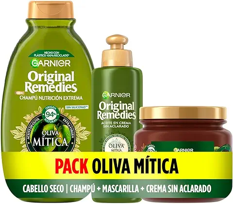 Garnier Original Remedies, Pack Champú, Mascarilla y Crema sin Aclarado para Pelo Reseco y Sensibilizado, Nutre Intensamente sin Apelmazar, Oliva Mítica, Set de 3 Productos  