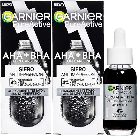 Garnier PureActive Sérum Facial Anti-Imperfecciones con Carbón Niacinamida AHA BHA Tratamiento Espinillas Puntos Negros Rojeces Fórmula Ligera Matificante Unificadora Sin Residuos - 2 Frascos de 30ml  