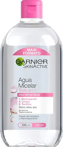 Garnier Skin Active, Agua Micelar Clásica Todo en Uno, Desmaquillante, Limpiador Facial, Limpia Rostro, Labios y Ojos, Sin Aclarado, para Todo Tipo de Pieles, Formato Maxi, 700 ml  