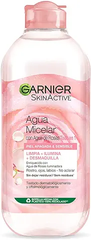 GARNIER Skin Active Agua Micelar con Agua de Rosas para Piel Apagada y Sensible, Desmaquilla, Limpia e Ilumina en un solo Gesto, Apto para Rostro, Labios y Ojos, 400Mililitros  