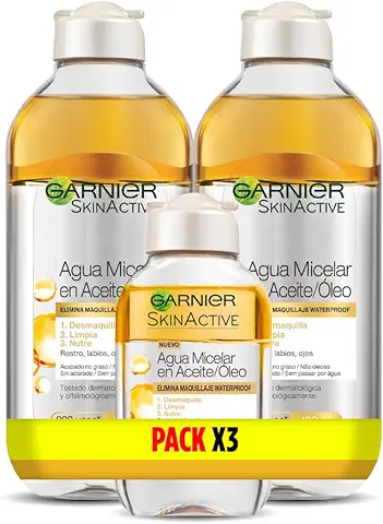 Garnier Skin Active Agua Micelar en Aceite, Elimina el Maquillaje de Larga Duración y Waterproof, Desmaquilla, Limpia y Nutre Labios, Ojos y Rostro, Pack 2x400ml +1 X100ml  