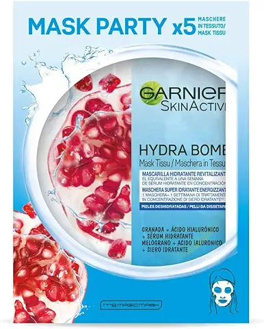 Garnier Skin Active Hydra Bomb, Tissu Mask Revitalizante, Mascarilla Facial de Tejido con Granada y Ácido Hialurónico para Pieles Deshidratadas, Reduce Arrugas y Potencia la Luminosidad, 5 Unidades  
