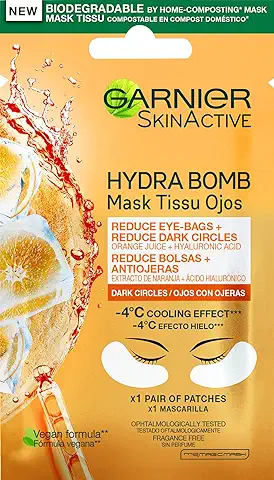 GARNIER Skin Active Mascarilla de Tela Contorno de Ojos Anti-Fatiga y Anti-Ojeras con Ácido Hialurónico y Extracto de Naranja  
