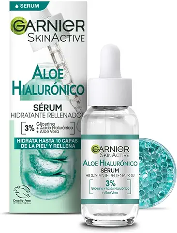 Garnier Sérum Hidratante Rellenador Aloe Hialurónico con 3% Glicerina + Ácido Hialurónico + Aloe Vera. Hidrata Intensamente y Rellena en una sola gota  