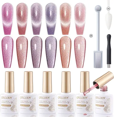 Gellen - Esmalte de Uñas Magnético con Efecto de ojo de gato Brillante (10 ml, Esmalte LED, UV, gel Semipermanente, 6 Unidades, lote con palo de Imán, Color rosa y Morado  