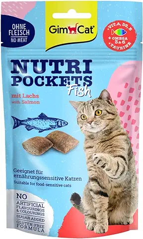 GimCat Nutri Pockets Fish Salmon - Snack Crujiente para Gatos con Ingredientes Funcionales - 1 Bolsa (1 x 60 g)  