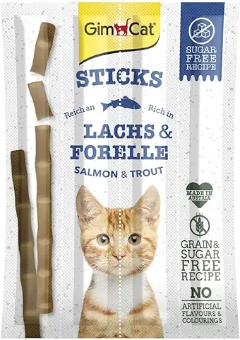 GimCat Sticks Salmón y Trucha - Suaves Palitos para Masticar con Alto Contenido de Carne y sin Azúcar Añadido - 1 Paquete (1 x 4 Sticks)  