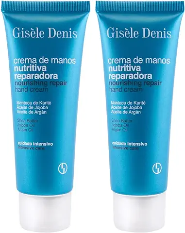 GISÈLE DENIS - Crema de Manos Nutritiva Reparadora, 2x75 ml, con Manteca de Karité, Aceite de Jojoba y Aceite de Argan, Hidrata, Nutre y Repara la Piel, Fórmula Innovadora, Textura Suave  