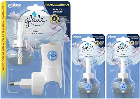 GLADE Ambientador Eléctrico Líquido Con Aceites Esenciales, Aroma Frescor De Ropa, Hasta 100 Días, Pack De Difusor  
