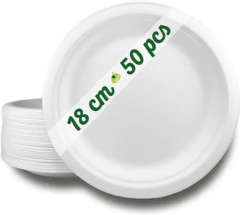 GoBeTree 50 Platos Desechables de Caña de Azúcar Redondos de 18 cm. Ecológicos, Biodegradables y Resistentes para Picnics, Barbacoas, Fiestas y Cumpleaños  