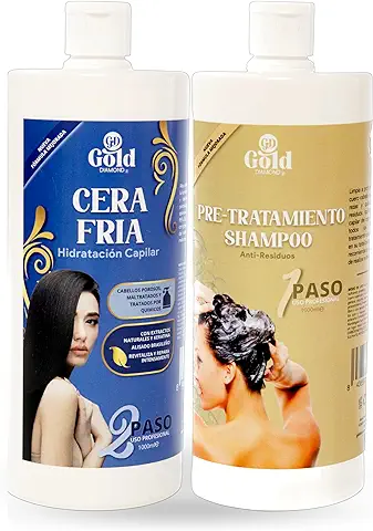 Gold DIAMOND - Kit de Cera Fría (Grande, 1000 mL) - Alisado Brasileño Profesional - Hidratación Capilar para Cabellos Porosos, Maltratados y Tratados por Químicos.  