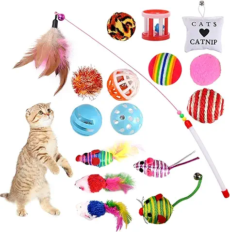 GOLDGE 16 Piezas Juguetes para Gatos, Juguete Interactivo con Plumas para Gatos, Ratóns y Bolas Varias para Gatos  