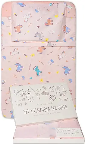 GOYSILA Sabanas Next2Me Chicco 4Piezas 100% Algodon Certificado Oeko-Tex Colchón 50x83cm 2 Bajeras 1 Encimera 1 Funda de Almohada Compatible Cuna Calidoo Lullago Kinderkraft (Unicornios)  